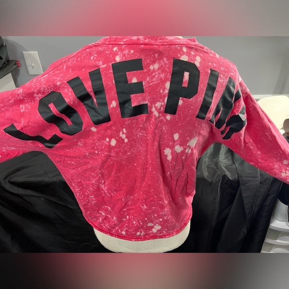VS Love Pink Bleach Dyed Cut Out Crop Long Sleeve Pink Cotton Top Small Dog Logo - Picture 6 of 8